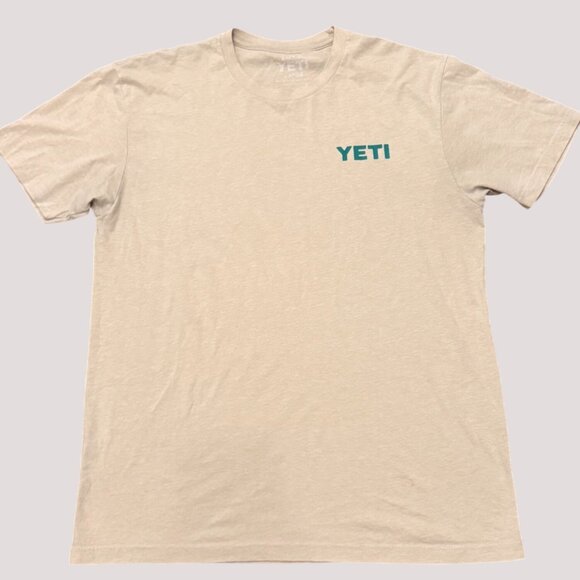Yeti Graphic Tee Shirt Large Beige Logo Front & Sunset Palm Print Back - Picture 2 of 5